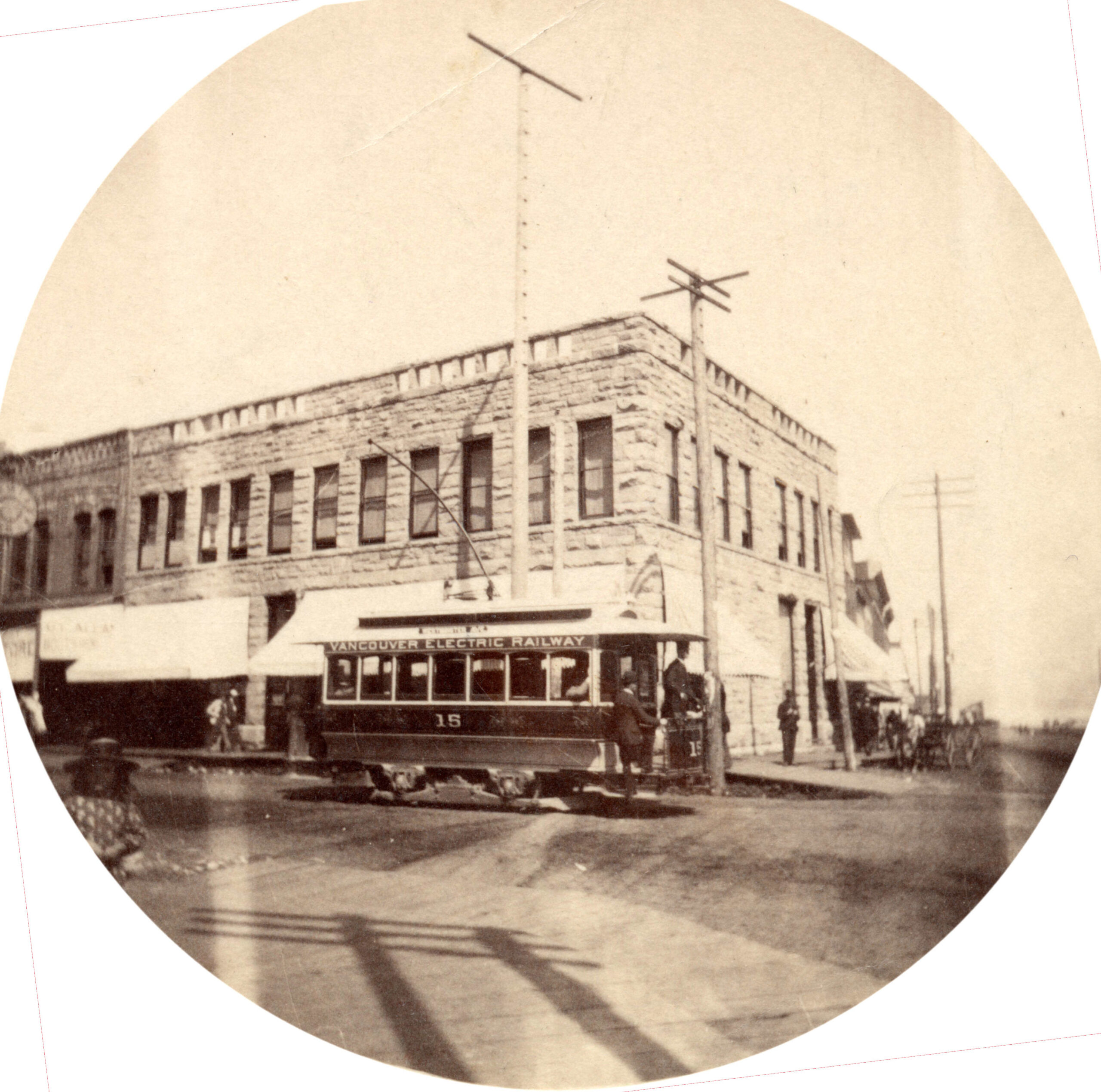 vancouver electric railway car 1891 turning north onto carrall Street from Cordova St.
